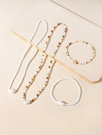 Natural Seashell Stretch Choker Necklace 4 PC Set, Shell Elastic Bracelet, Unisex Seed Bead Beach Necklace Set - KaleaBoutique.com