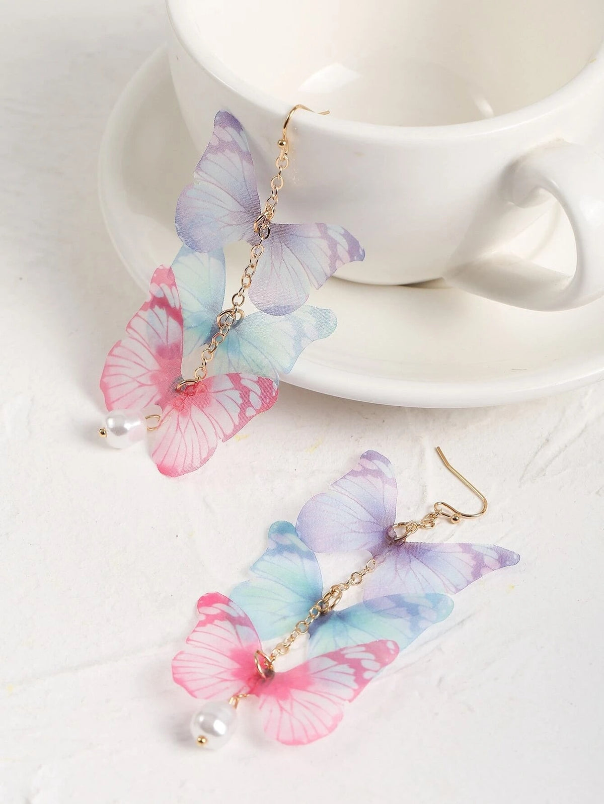 Tri Color Butterfly Chain Dangle Earrings, Chiffon Realistic Butterfly Earrings, Cute Silk Butterfly Wing Earrings - KaleaBoutique.com