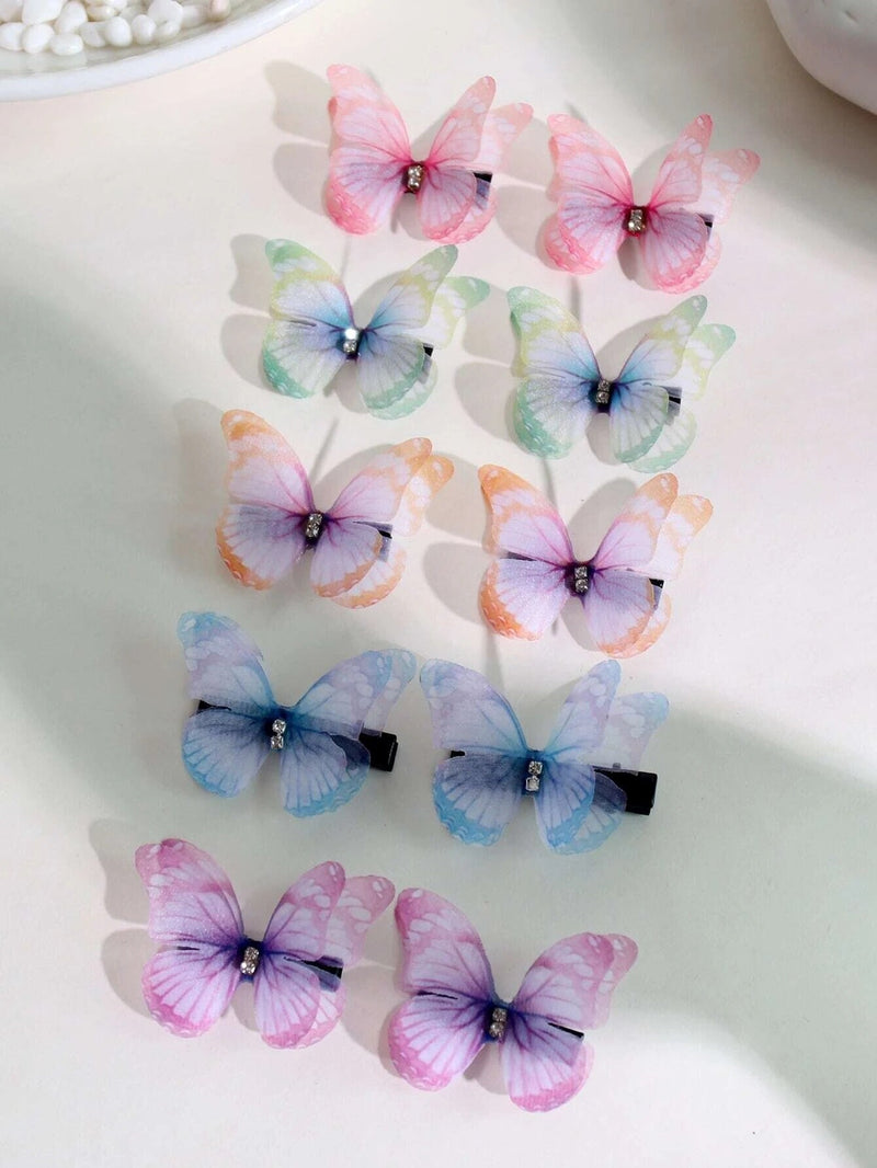 Multicolored Double Layer Chiffon Butterfly 5 PC Hairclip Set, Wedding, Prom Party Chiffon Butterfly Hair Clips - KaleaBoutique.com