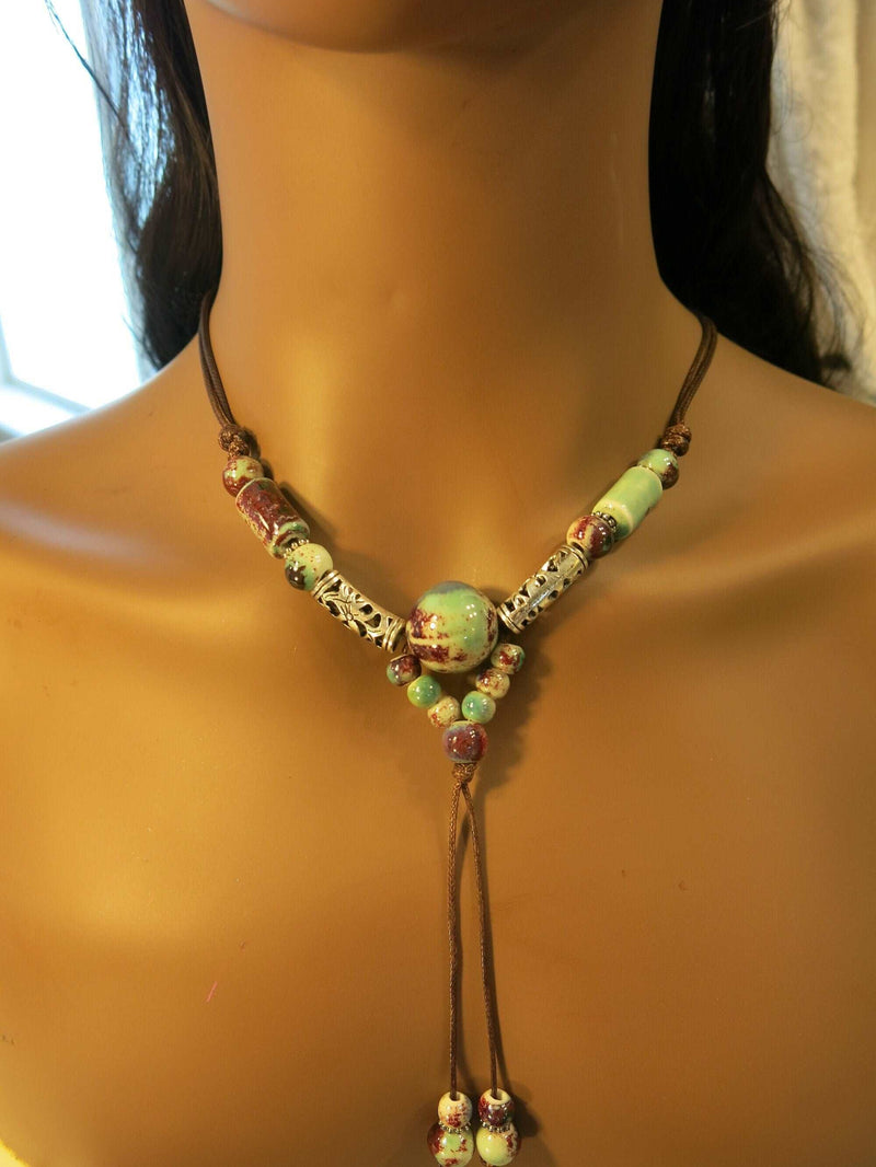 Ceramic Bead Tribal Necklace, Ethnic Adjustable Long Rope Knot Y-Necklace, Leather Cord Bohemian Beach Necklace - KaleaBoutique.com