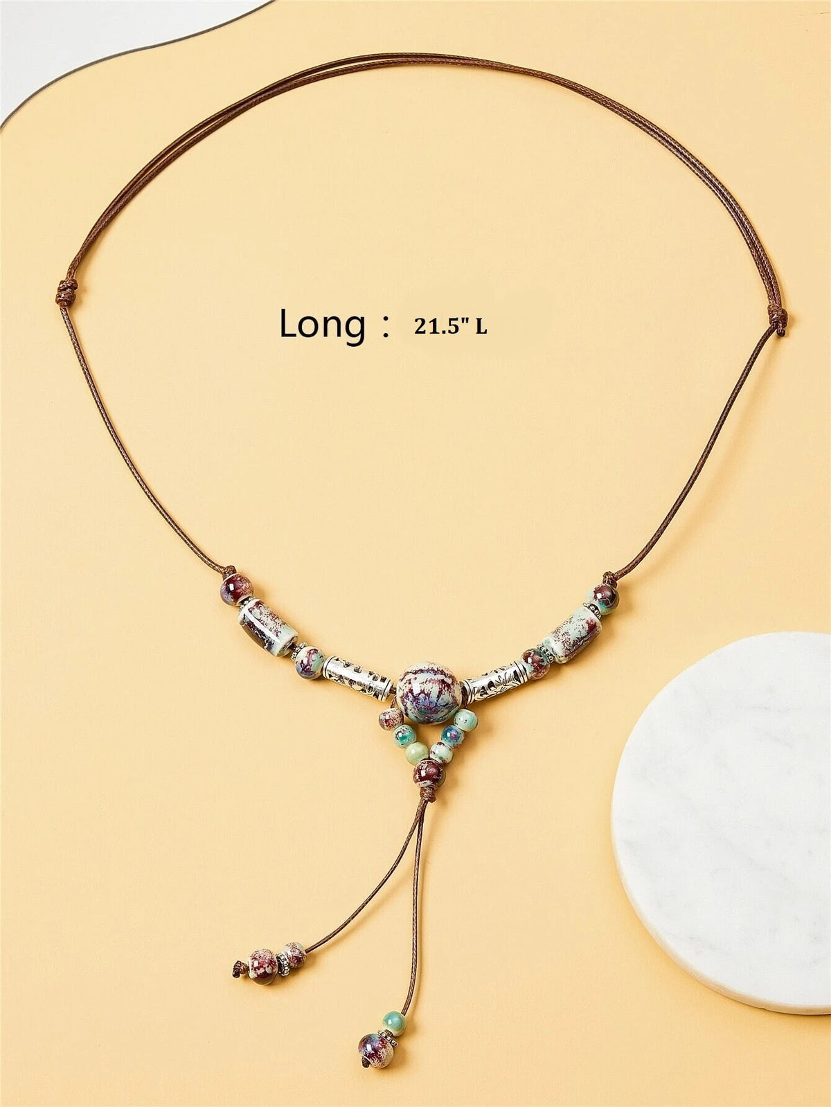 Ceramic Bead Tribal Necklace, Ethnic Adjustable Long Rope Knot Y-Necklace, Leather Cord Bohemian Beach Necklace - KaleaBoutique.com