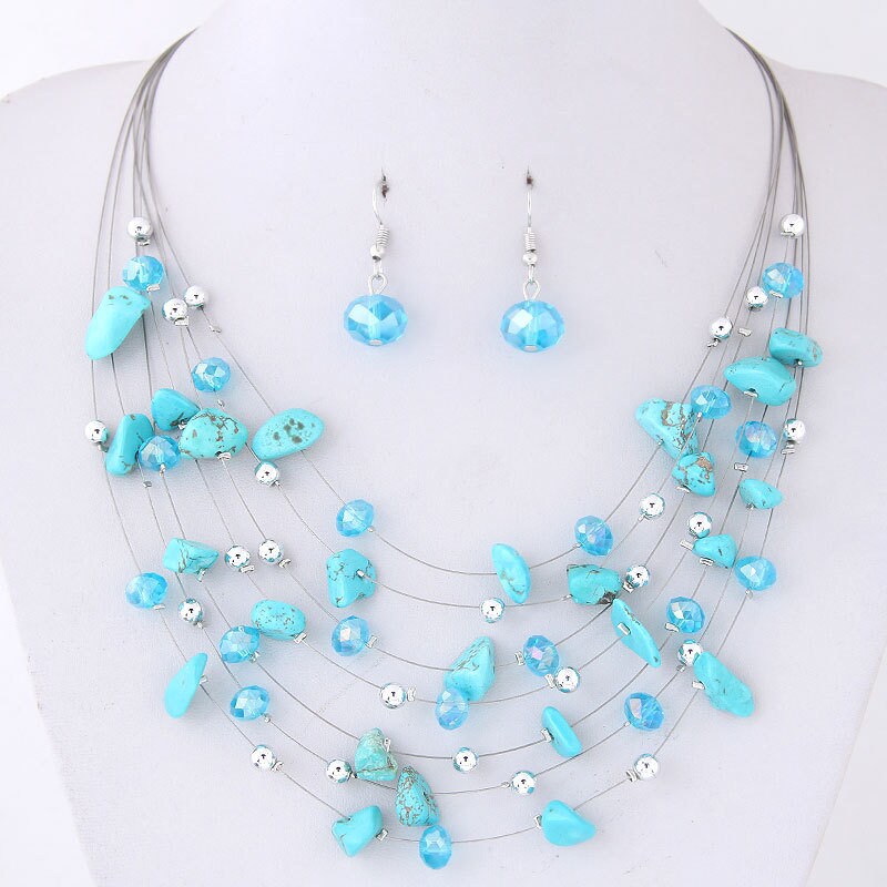 Layered Natural Gemstone Rough Necklace and Earrings 3 PC Jewelry Set, Floating Gem Boho Necklace - KaleaBoutique.com