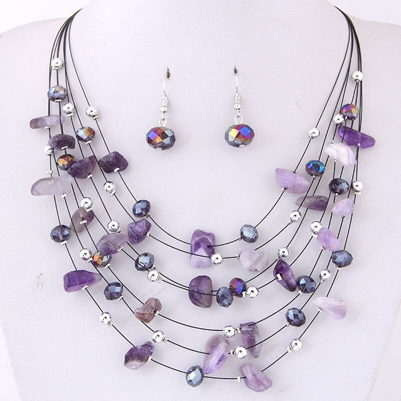 Layered Natural Gemstone Rough Necklace and Earrings 3 PC Jewelry Set, Floating Gem Boho Necklace - KaleaBoutique.com