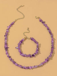 Genuine Amethyst Necklace and Bracelet 2 PC Jewelry Set, Gemstone Amethyst Nugget Dangle Earrings - KaleaBoutique.com