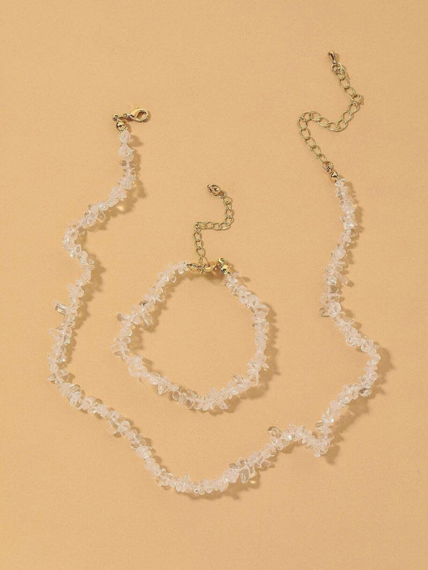 2 PC Natural Quartz Gem Necklace and Bracelet Two Piece Jewelry Set, Ice Cube Statement Earrings - KaleaBoutique.com