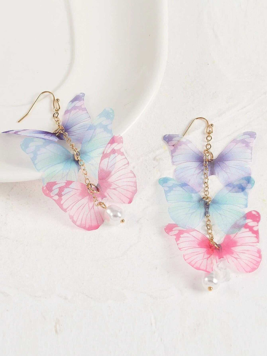 Tri Color Butterfly Chain Dangle Earrings, Chiffon Realistic Butterfly Earrings, Cute Silk Butterfly Wing Earrings - KaleaBoutique.com