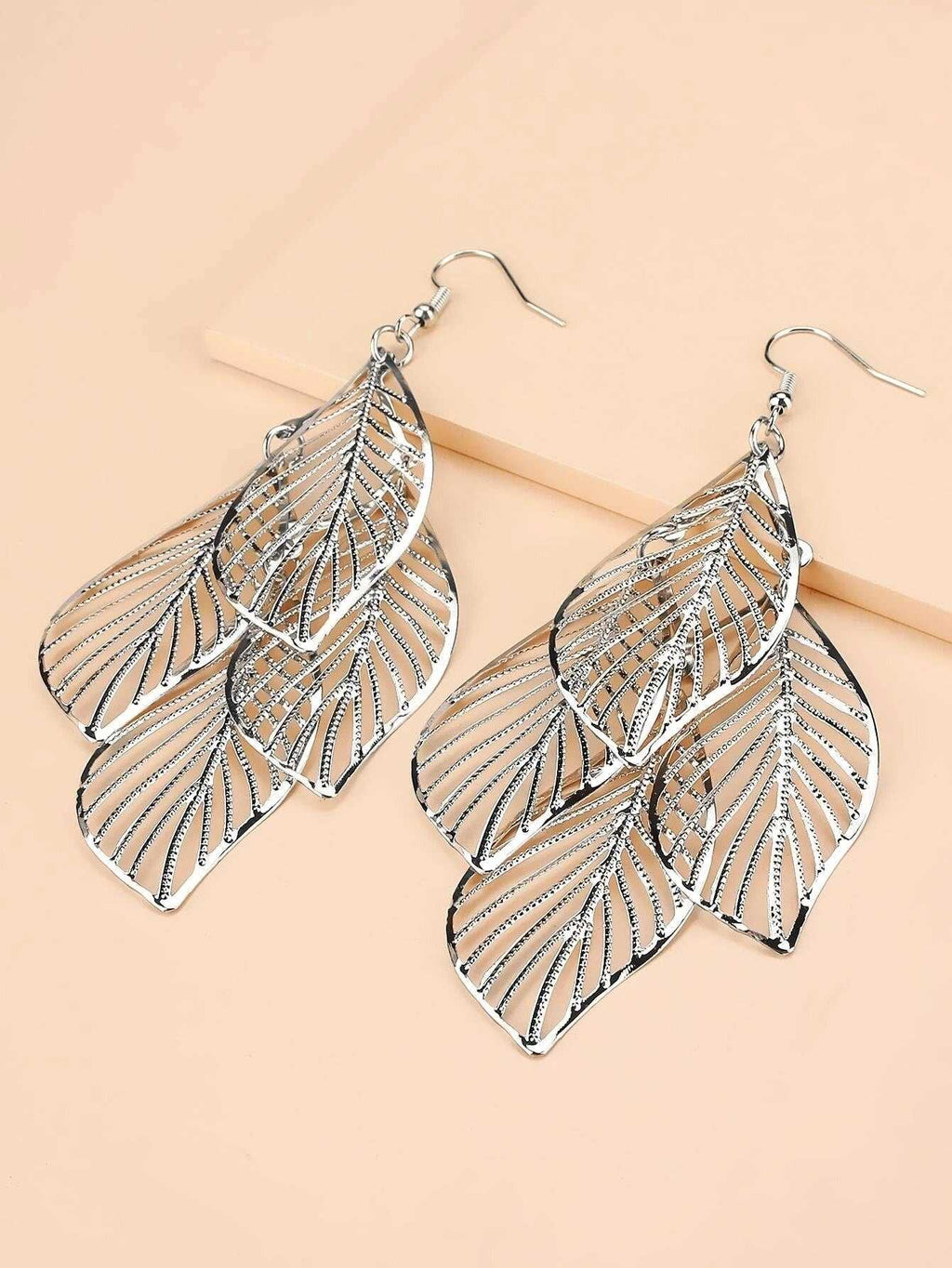 Gold Laser Cut Layered Leaf Earrings, Silver Dangle Boho Fashion Earrings for Prom, Wedding, Bridal Shower - KaleaBoutique.com