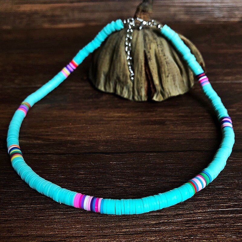 Bohemian Clay Disk Bead Necklace, Boho Bead Choker Beach Unisex Necklace, Surfer Men's Necklace - KaleaBoutique.com