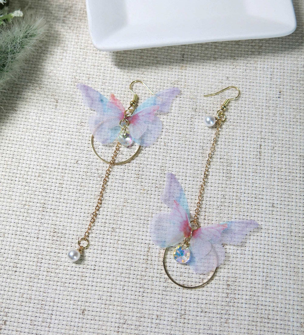 Chiffon Realistic Butterfly Earrings, Dangle Chain Drop Earrings, Asymmetric Chiffon Butterfly Earrings - KaleaBoutique.com