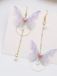 Chiffon Realistic Butterfly Earrings, Dangle Chain Drop Earrings, Asymmetric Chiffon Butterfly Earrings - KaleaBoutique.com