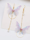 Chiffon Realistic Butterfly Earrings, Dangle Chain Drop Earrings, Asymmetric Chiffon Butterfly Earrings - KaleaBoutique.com