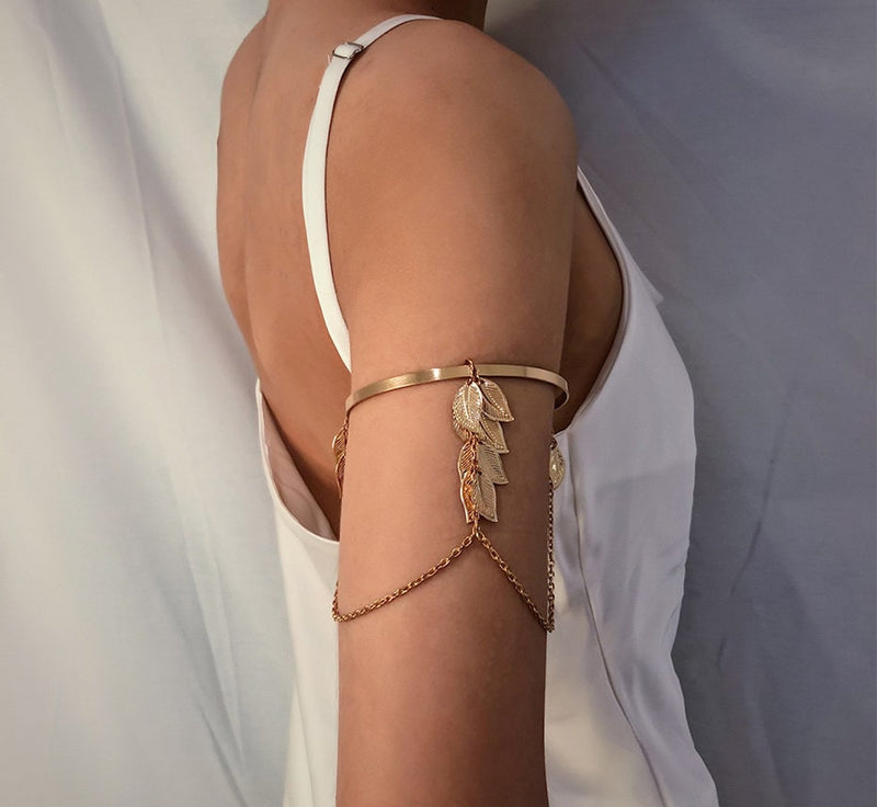 Leaf and Chain Arm Cuff Fashion Exotic Bangle Bracelet, Prom Party Boho Bridal Vacation Arm Wrap Bracelet Jewelry - KaleaBoutique.com