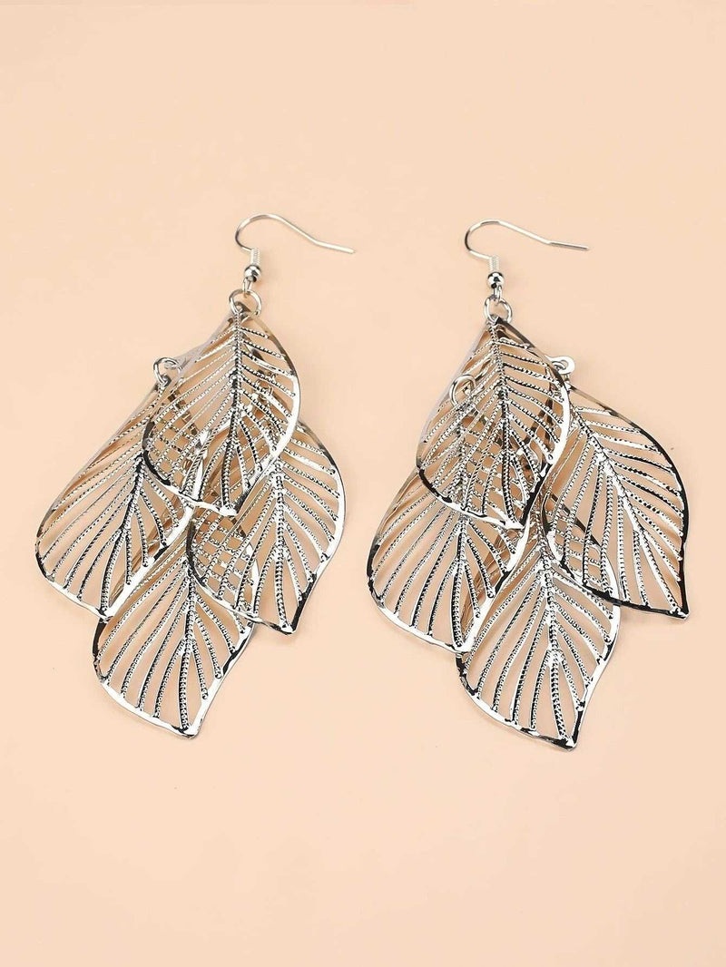 Gold Laser Cut Layered Leaf Earrings, Silver Dangle Boho Fashion Earrings for Prom, Wedding, Bridal Shower - KaleaBoutique.com