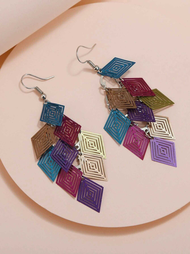 Geometric Laser Cut Dangle Earrings, Multicolored Layered Statement Earrings, Square Multi Color Earrings - KaleaBoutique.com