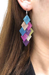 Geometric Laser Cut Dangle Earrings, Multicolored Layered Statement Earrings, Square Multi Color Earrings - KaleaBoutique.com