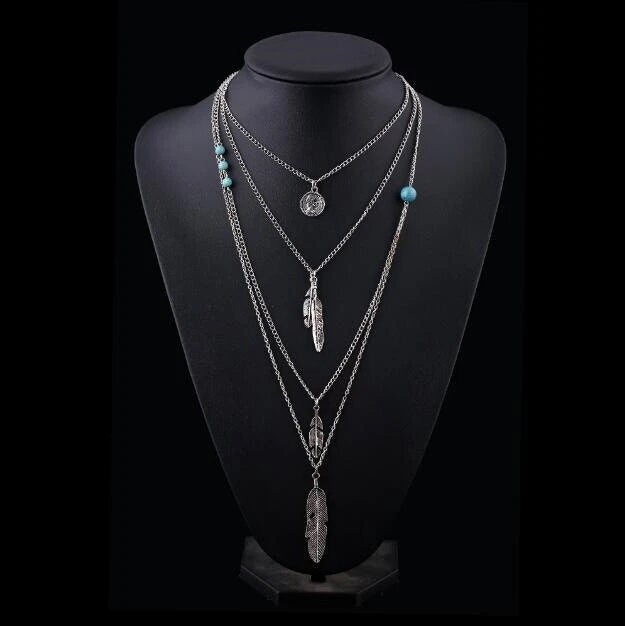 Long Layered Chain Feather Necklace, Southwest Coin Dainty Necklace, Silver Tribal Ethnic Cowgirl Chain Necklace - KaleaBoutique.com