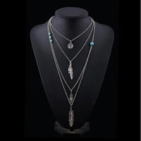 Long Layered Chain Feather Necklace, Southwest Coin Dainty Necklace, Silver Tribal Ethnic Cowgirl Chain Necklace - KaleaBoutique.com