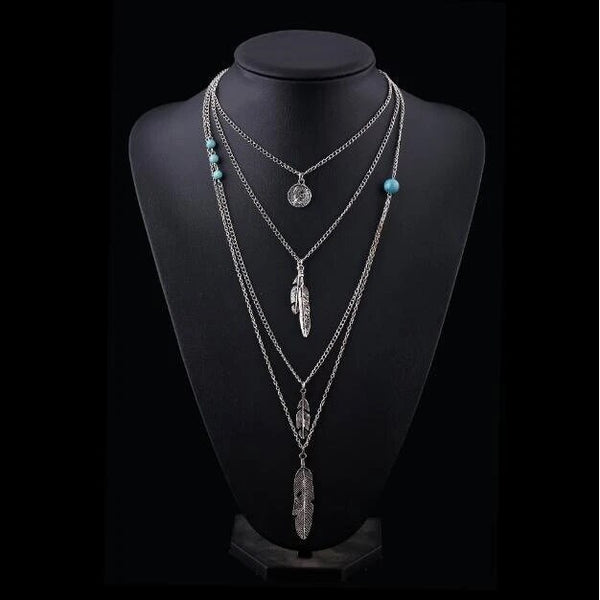 Long Layered Chain Feather Necklace, Southwest Coin Dainty Necklace, Silver Tribal Ethnic Cowgirl Chain Necklace - KaleaBoutique.com