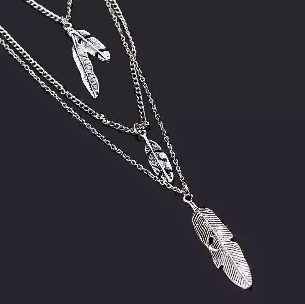 Long Layered Chain Feather Necklace, Southwest Coin Dainty Necklace, Silver Tribal Ethnic Cowgirl Chain Necklace - KaleaBoutique.com