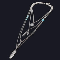 Long Layered Chain Feather Necklace, Southwest Coin Dainty Necklace, Silver Tribal Ethnic Cowgirl Chain Necklace - KaleaBoutique.com