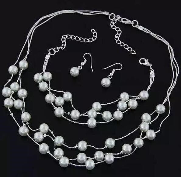 Multi Strand Floating Pearl 4 PC Jewelry Set, Bridal Pearl Chain Necklace, Chain Bracelet Earrings - KaleaBoutique.com