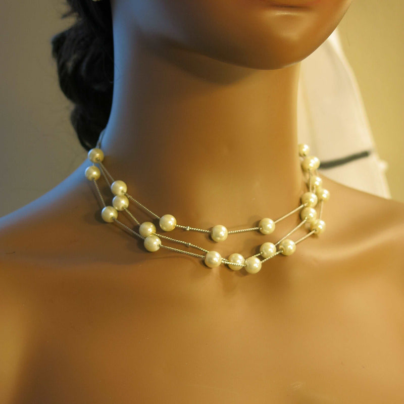 Multi Strand Floating Pearl 4 PC Jewelry Set, Bridal Pearl Chain Necklace, Chain Bracelet Earrings - KaleaBoutique.com