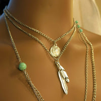 Long Layered Chain Feather Necklace, Southwest Coin Dainty Necklace, Silver Tribal Ethnic Cowgirl Chain Necklace - KaleaBoutique.com