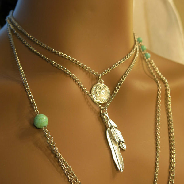 Long Layered Chain Feather Necklace, Southwest Coin Dainty Necklace, Silver Tribal Ethnic Cowgirl Chain Necklace - KaleaBoutique.com
