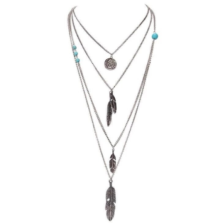 Long Layered Chain Feather Necklace, Southwest Coin Dainty Necklace, Silver Tribal Ethnic Cowgirl Chain Necklace - KaleaBoutique.com