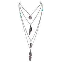 Long Layered Chain Feather Necklace, Southwest Coin Dainty Necklace, Silver Tribal Ethnic Cowgirl Chain Necklace - KaleaBoutique.com