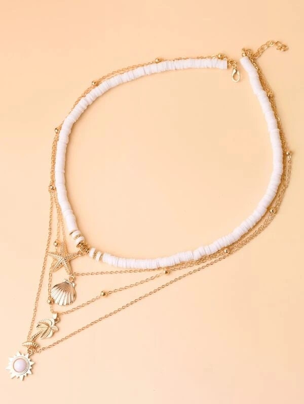 Layered Gold Chain Multi Strand Long Necklace, Multi Strand Boho Shell Charm Long Beach Necklace - KaleaBoutique.com