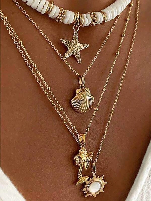 Layered Gold Chain Multi Strand Long Necklace, Multi Strand Boho Shell Charm Long Beach Necklace - KaleaBoutique.com