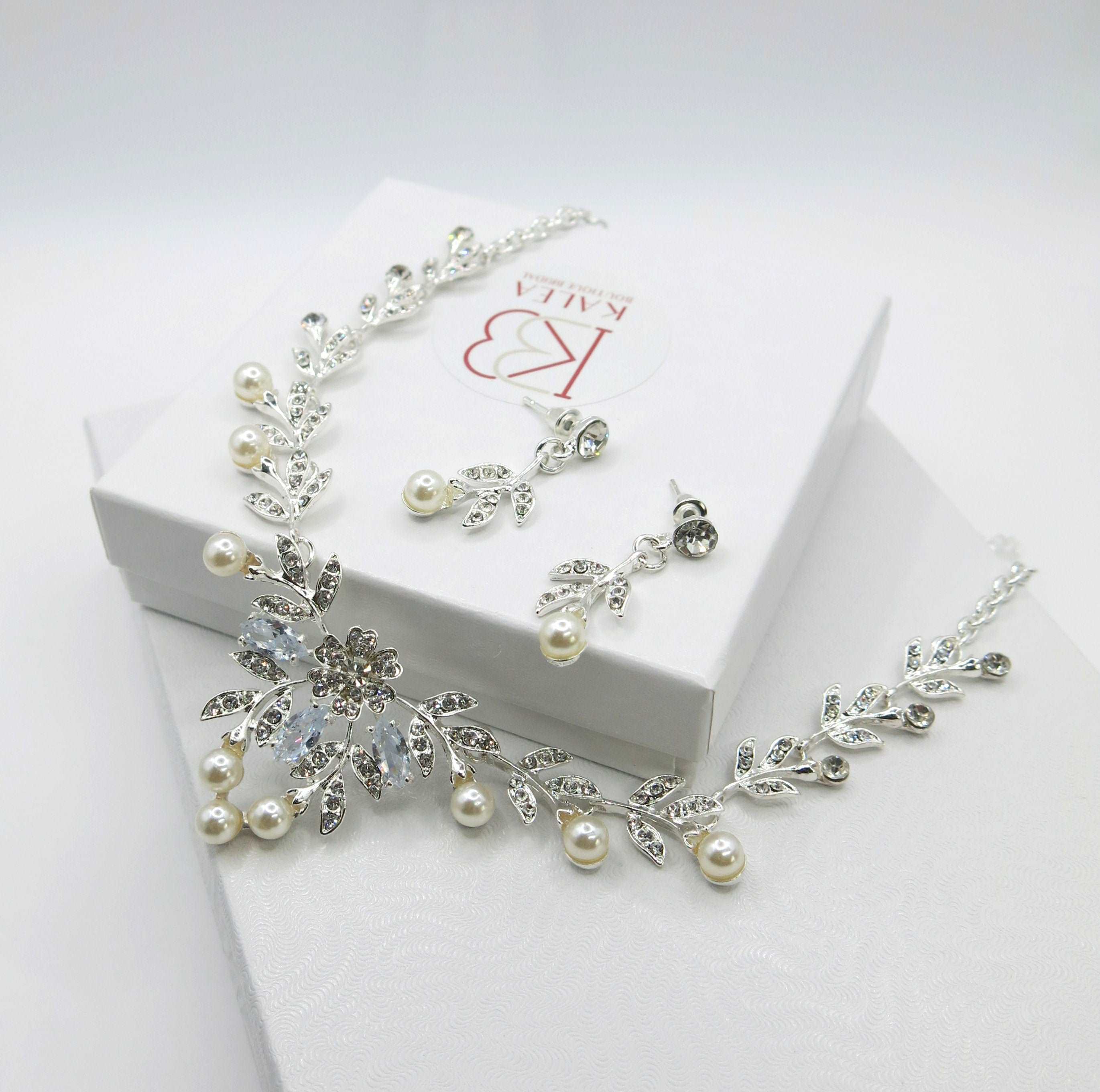 Bridal Pearl Necklace and Earrings 3 PC Jewelry Set, Wedding 