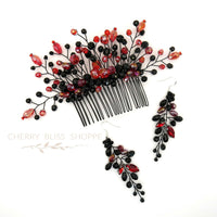 Black Red Decorative Comb and Earrings, Harley Queen Style Hair Pin, Red Halloween Vampire Cosplay Hair Piece - KaleaBoutique.com