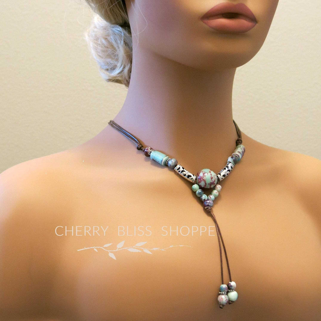 Ceramic Bead Tribal Necklace, Ethnic Adjustable Long Rope Knot Y-Necklace, Leather Cord Bohemian Beach Necklace - KaleaBoutique.com