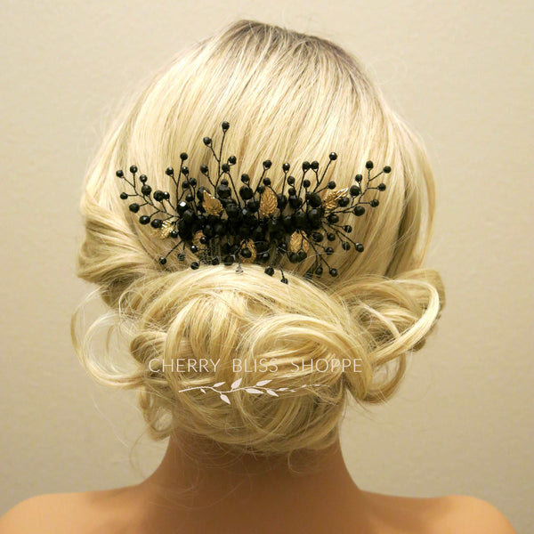 Gothic Style Black Hair Comb with Silver or Gold Leaves, Cosplay Vintage Costume Hairpin Hairpiece - KaleaBoutique.com