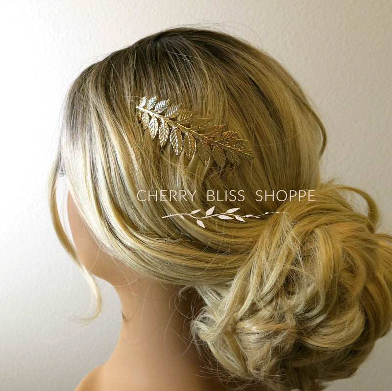 Silver or Gold Leaf Hair Comb, Boho Wedding Small Roman Style Hairpiece, Bridal Gold Metal Hair Piece - KaleaBoutique.com