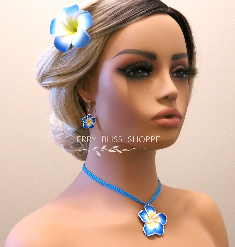 Plumeria Flower Necklace and Earrings 3 PC Jewelry Set, Hawaii Floral Plumeria Boho Choker Necklace - KaleaBoutique.com