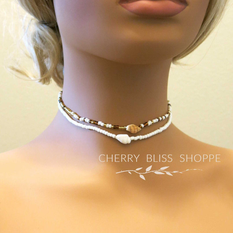 Natural Seashell Stretch Choker Necklace 4 PC Set, Shell Elastic Bracelet, Unisex Seed Bead Beach Necklace Set - KaleaBoutique.com