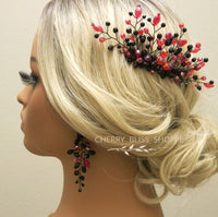 Black Red Decorative Comb and Earrings, Harley Queen Style Hair Pin, Red Halloween Vampire Cosplay Hair Piece - KaleaBoutique.com