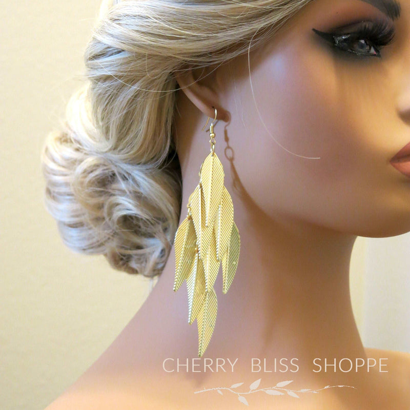 Oversized Gold Feather Tassel Earrings, Chandelier Dangle Bohemian Fashion Statement Layered Earrings - KaleaBoutique.com