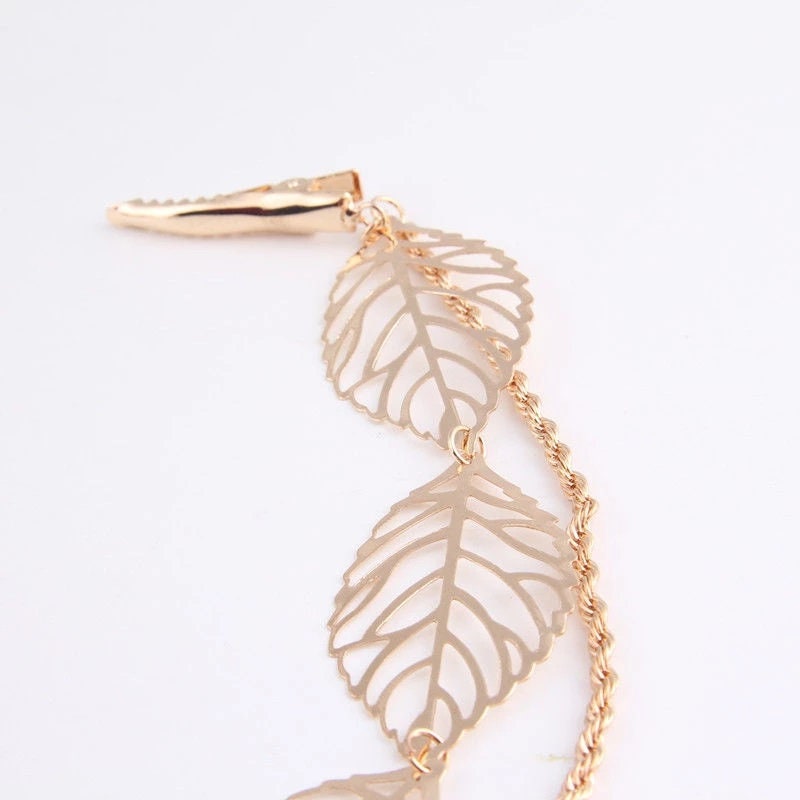 Gold Leaves and Rope Dual Chain Hair Vine, Bridal Gold Chained Vine Hairclip, Boho Dancer Hairpiece - KaleaBoutique.com