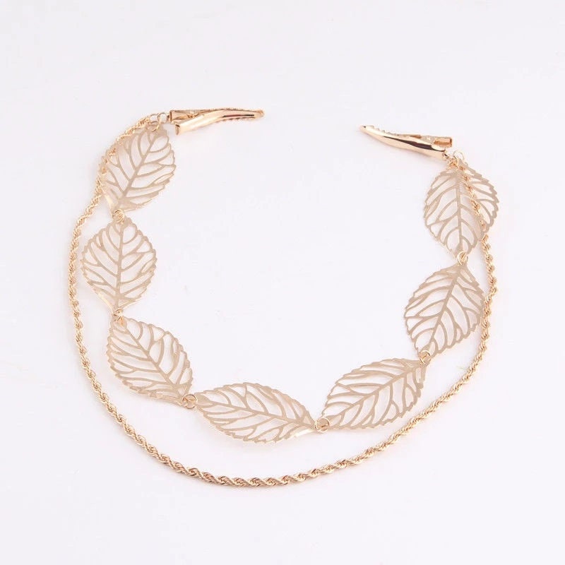 Gold Leaves and Rope Dual Chain Hair Vine, Bridal Gold Chained Vine Hairclip, Boho Dancer Hairpiece - KaleaBoutique.com
