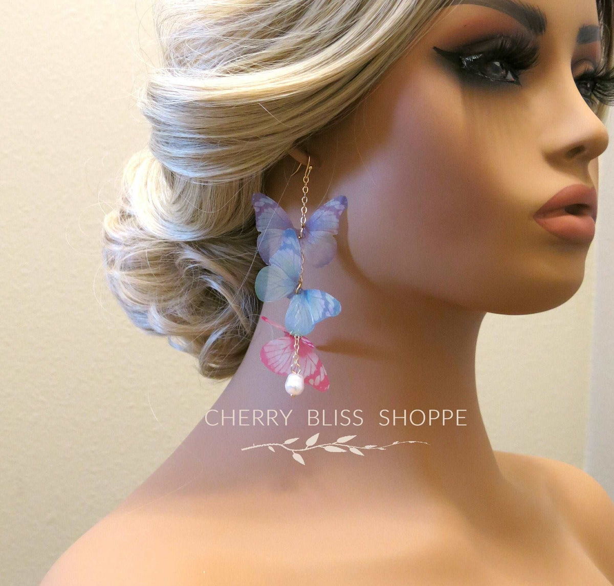 Tri Color Butterfly Chain Dangle Earrings, Chiffon Realistic Butterfly Earrings, Cute Silk Butterfly Wing Earrings - KaleaBoutique.com