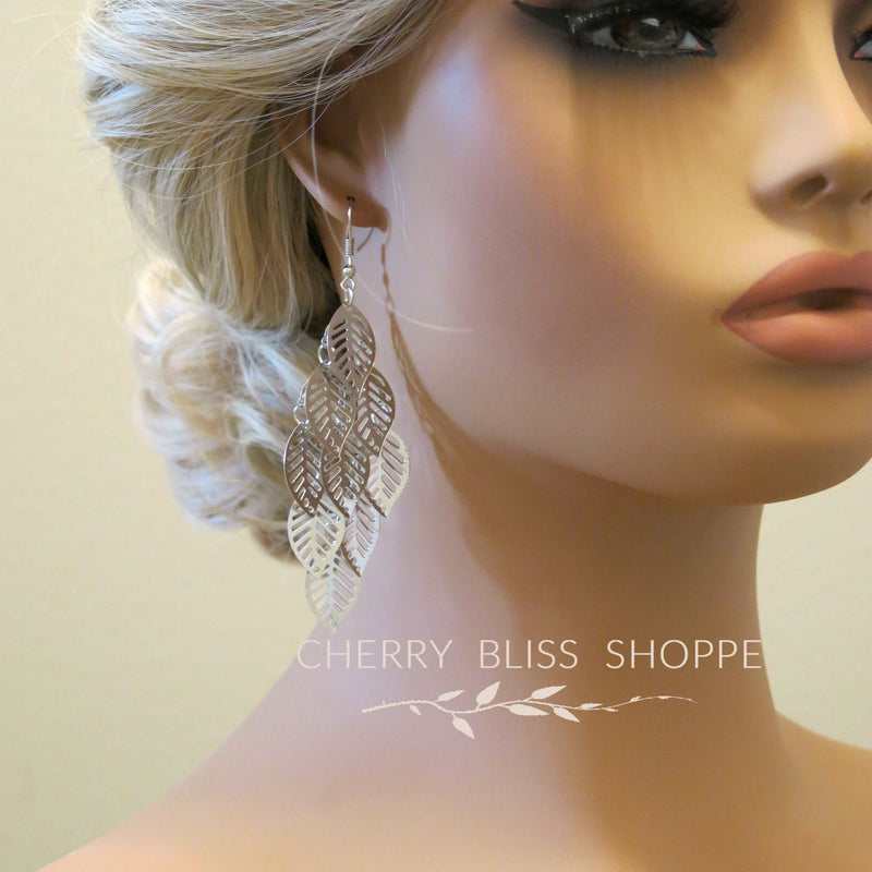 Large Laser Cut Leaf Dangle Earrings, Prom Party Bohemian Silver Earrings, Oversize Boho Leaf Earrings - KaleaBoutique.com