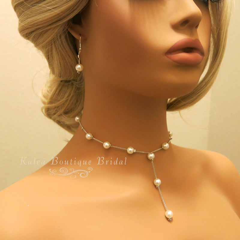 Bridal Pearl Chain Necklace Earrings Bracelet 4 PC Jewelry Set, Wedding or Prom Pearl Necklace - KaleaBoutique.com
