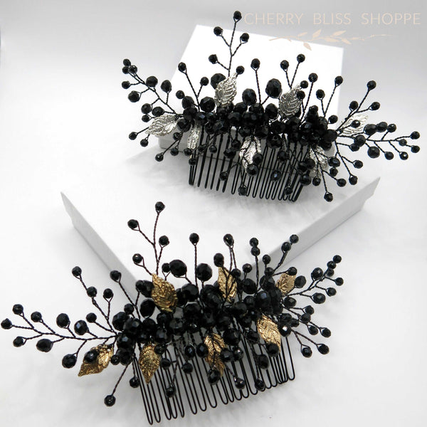 Gothic Style Black Hair Comb with Silver or Gold Leaves, Cosplay Vintage Costume Hairpin Hairpiece - KaleaBoutique.com