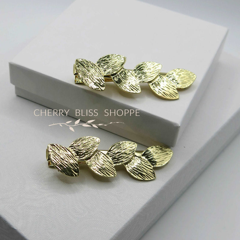 Gold Leaf 2 PC Alligator Hair Clip Set, Roman Leaf Boho Wedding Gold Leaf Small Headpiece Set - KaleaBoutique.com