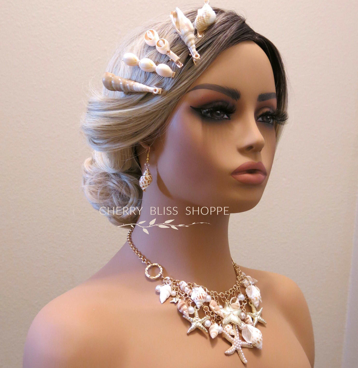 Natural Seashell Necklace and Bracelet, Beach Wedding Pearl and Starfish Bib Necklace, Charm Bracelet - KaleaBoutique.com