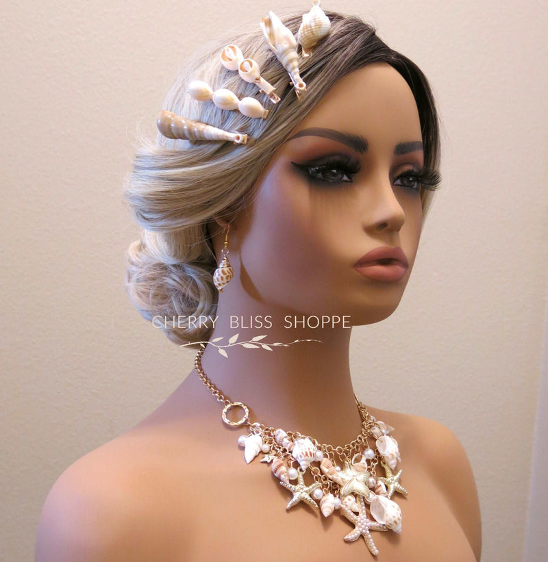 Natural Seashell Necklace and Bracelet, Beach Wedding Pearl and Starfish Bib Necklace, Charm Bracelet - KaleaBoutique.com